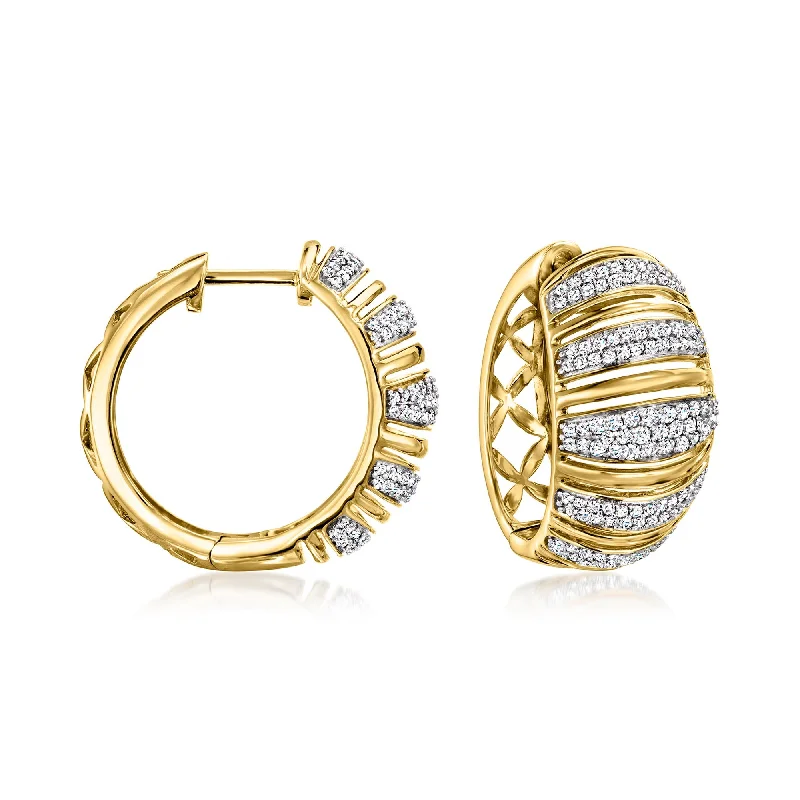 Hoop earrings with leather accents for a sleek and bold combination-Ross-Simons Diamond Striped Hoop Earrings in 18kt Yellow Gold