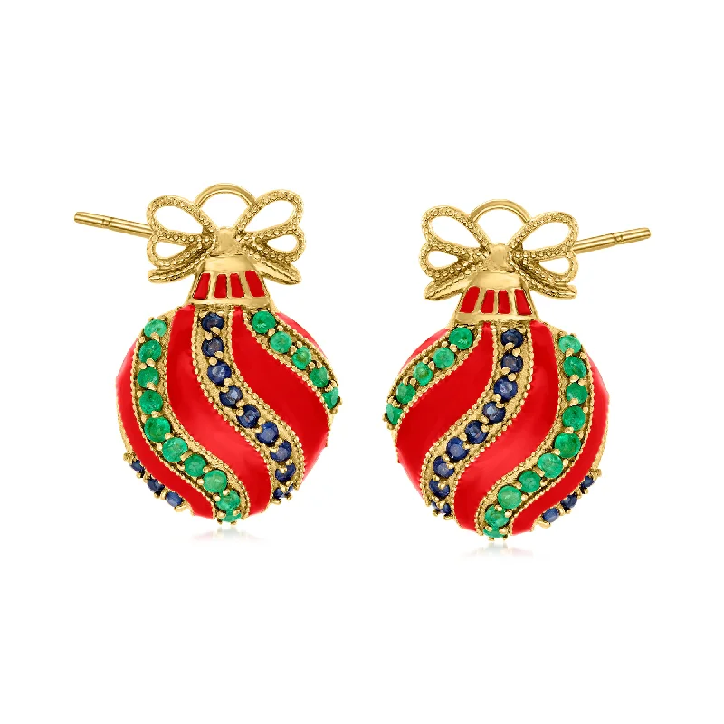 Hoop earrings with snake print designs for an edgy, wild appearance-Ross-Simons Emerald, Sapphire and Red Enamel Ornament Earrings in 18kt Gold Over Sterling