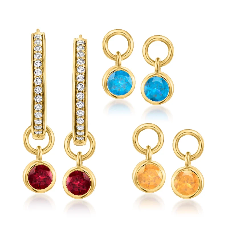 Hoop earrings with a matte finish for a sleek and sophisticated appearance-Ross-Simons Multi-Gemstone Jewelry Set: Hoop Earrings and 3 Pairs Of Interchangeable Drops in 18kt Gold Over Sterling