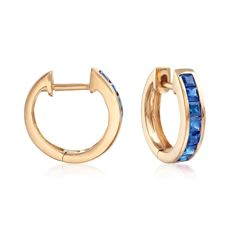 Hoop earrings with dangling charms for a playful and fun look-Ross-Simons Square-Cut Sapphire Huggie Hoop Earrings in 14kt Yellow Gold