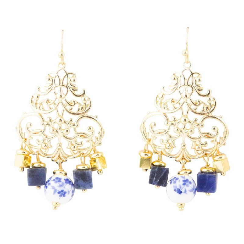 Hoop earrings with dangling charms for a playful and fun look-Santorini Cobalt Blue Lapis and Golden Chandelier Earrings