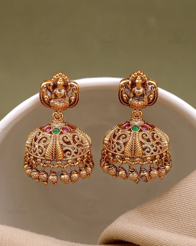 Best hoop earrings with crescent-shaped designs for a bold, moon-inspired style-Saraswati Temple Gold Jhumki