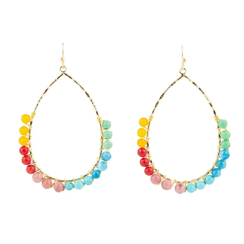 Hoop earrings with braided patterns for a detailed and textured finish-Serape Colorful Multi Stone Golden Loop Earrings