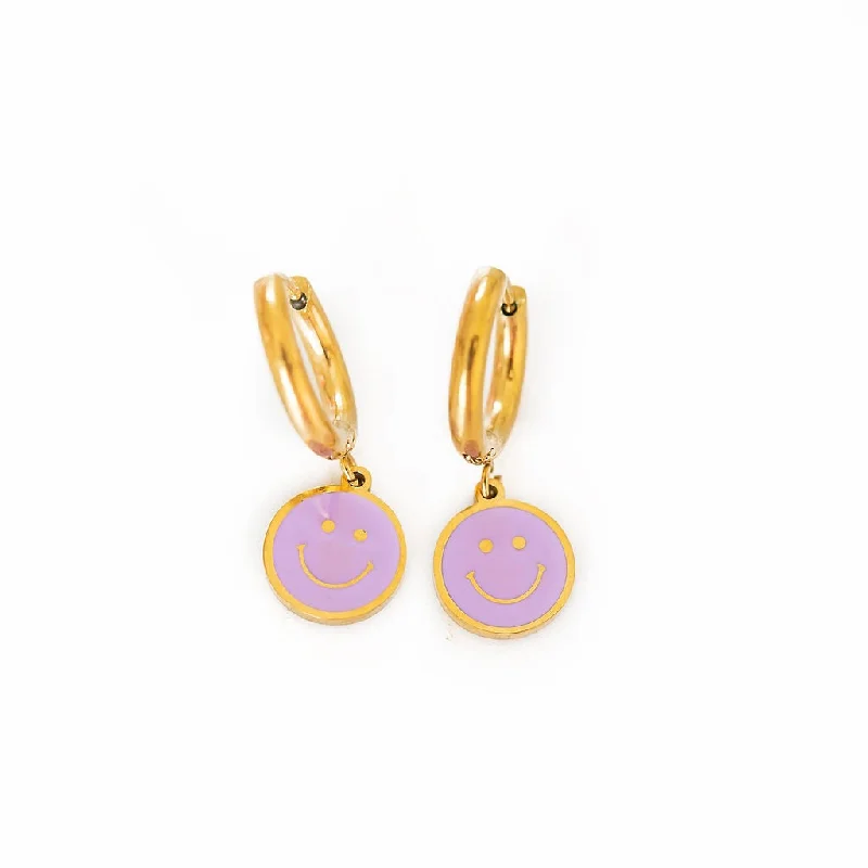 Best hoop earrings with smooth ceramic finishes for a polished, clean style-Smiley Face Enamel Huggies | Purple