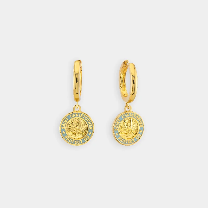 Hoop earrings with a chunky design for a bold and trendy statement-St. Christopher Earrings - Gold / Baby Blue