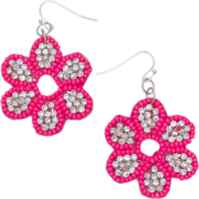 Best hoop earrings with geometric pendants for a modern, chic appeal-Women's Glitzy Flower Beaded Earrings In Pink