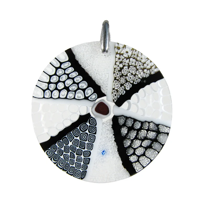 Best necklaces and pendants with matching rings for a coordinated jewelry set-Black Murano Glass Round Pendant "Ruota" set in 925 Sterling Silver