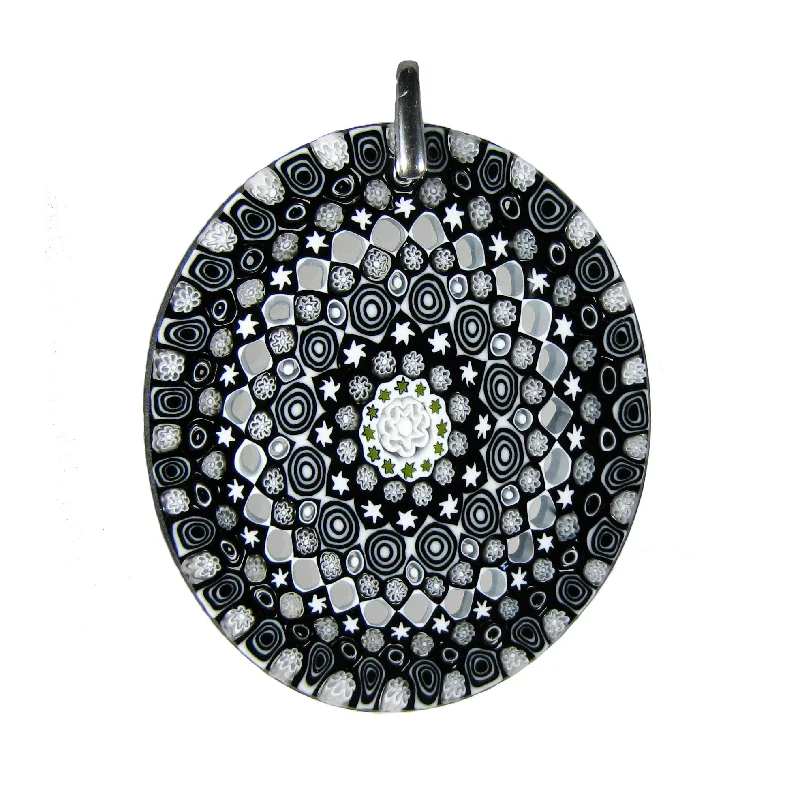 Stunning necklaces and pendants with chakra stones for healing and balance-Black Murrina Millefiori Murano glass oval pendant (42) 40 x 45 mm