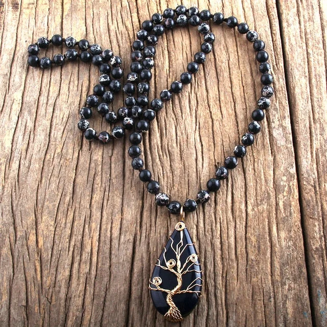 Necklaces and pendants with star-shaped designs for a whimsical, celestial touch-Black Obsidian Tree of Life Mala Necklace