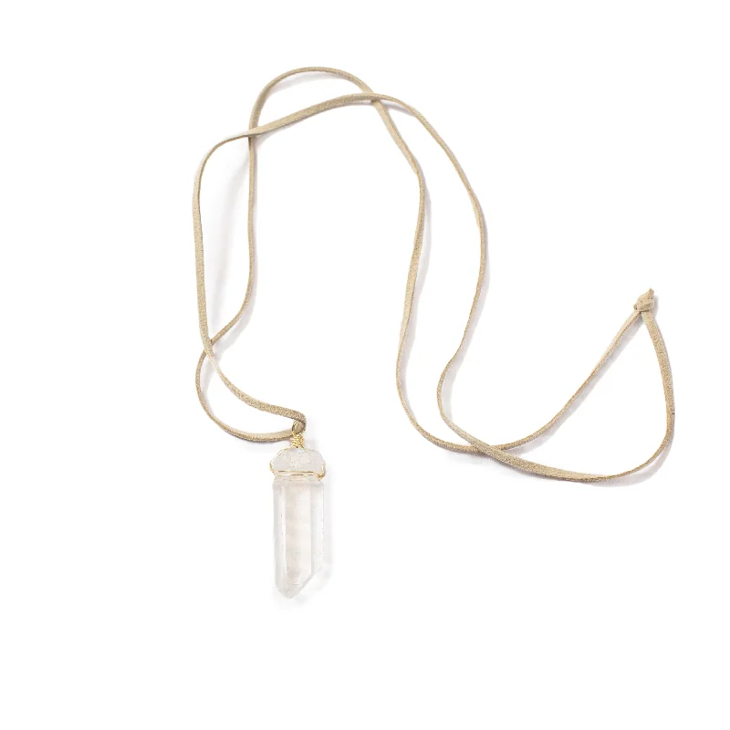 Necklaces and pendants with clear quartz for a pure and radiant look-***Clear Quartz Necklace with Gold Hardware and Grey Suede