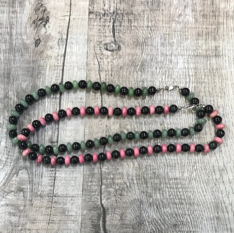 Stunning necklaces and pendants with ruby gemstones for a luxurious red hue-Black Jade and Rhodonite or Green Jade Necklace, 19 inches