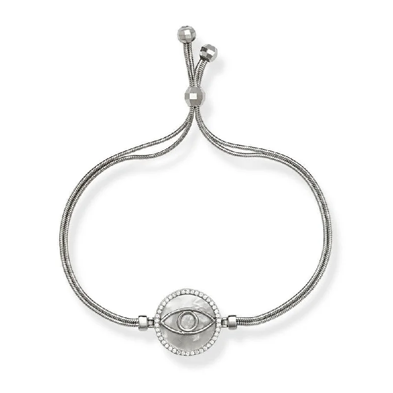 Unique necklaces and pendants with engraved messages for a sentimental gift-Silver Snake Chain White MOP with Center CZ Evil Eye Bracelet