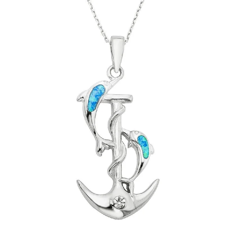 Necklaces and pendants with feather designs for a boho-chic, carefree vibe-Sterling Silver and Blue Inlay Opal Dolphins and CZ Anchor Pendant