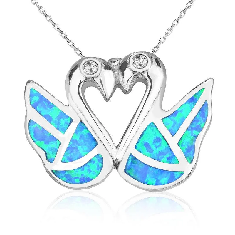 Best necklaces and pendants with vintage lockets for a nostalgic, sentimental look-Sterling Silver Blue Inlay Opal Swans With  CZ Forming Heart Pendant