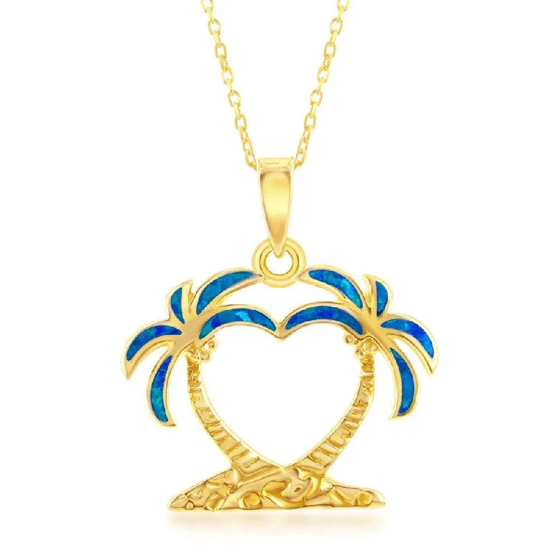 Best necklaces and pendants with art deco elements for a vintage, glamorous design-Sterling Silver Blue Inlay Opal Two Palm Trees Pendant - Gold Plated