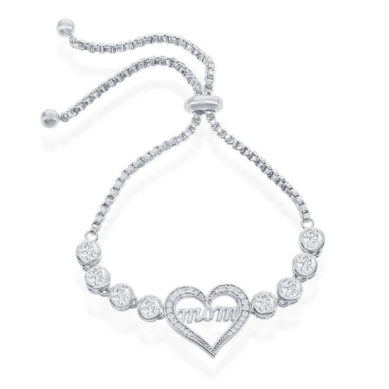 Beautiful necklaces and pendants with diamond halo settings for extra brilliance-Sterling Silver Center "Mom" Heart with Linked Bezel CZ Bracelet