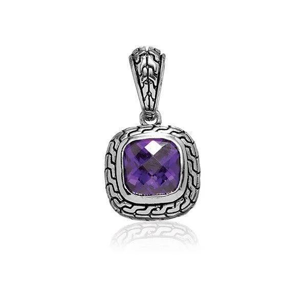 Sterling Silver Center Square Amethyst CZ and Black Finish Pendant