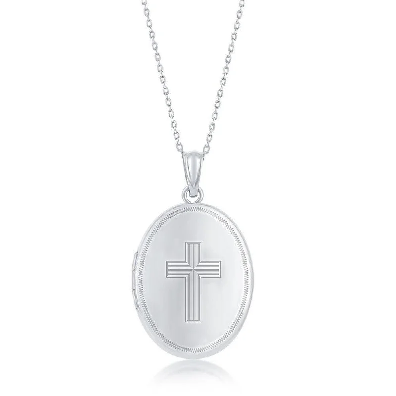 Best necklaces and pendants with personalized coordinates for a special keepsake-Sterling Silver Cross Oval Locket With chain