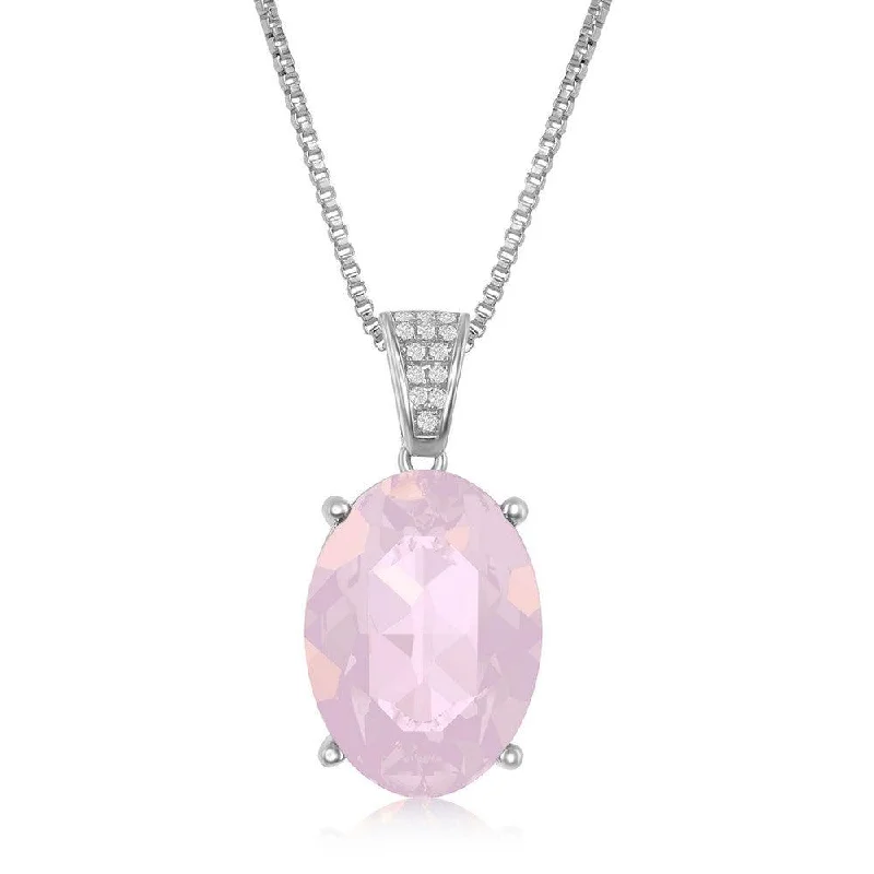 Trendy necklaces and pendants with statement pieces for a bold fashion statement-Sterling Silver CZ Bale and 14x10mm Oval - Pink Opal Swarovski Element Necklace