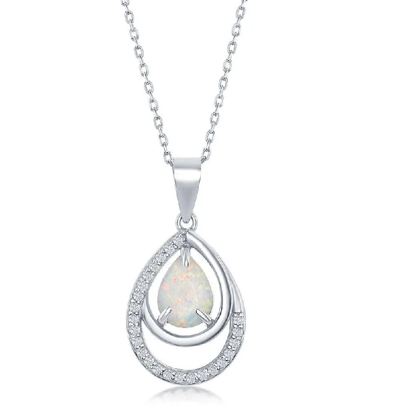 Necklaces and pendants with custom engravings for a personal, meaningful gift-Sterling Silver CZ Double Pear-Shaped White Opal Pendant