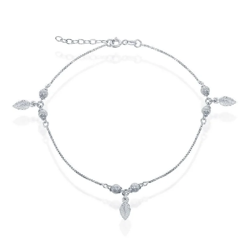 Stunning necklaces and pendants with aquamarine stones for a serene effect-Sterling Silver Diamond Cut Beads with Leaf Charm Anklet