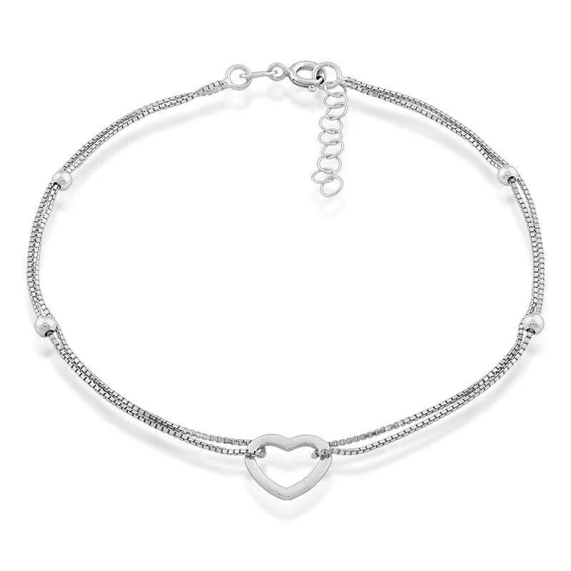 Necklaces and pendants with zodiac constellation designs for an astrological touch-Sterling Silver Double Strand with Beads and Open Heart Anklet