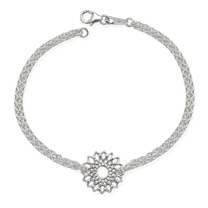 Stunning necklaces and pendants with ruby and diamond combinations for a luxurious effect-Sterling Silver Double Strand with Center Flower Bracelet, 7.5"