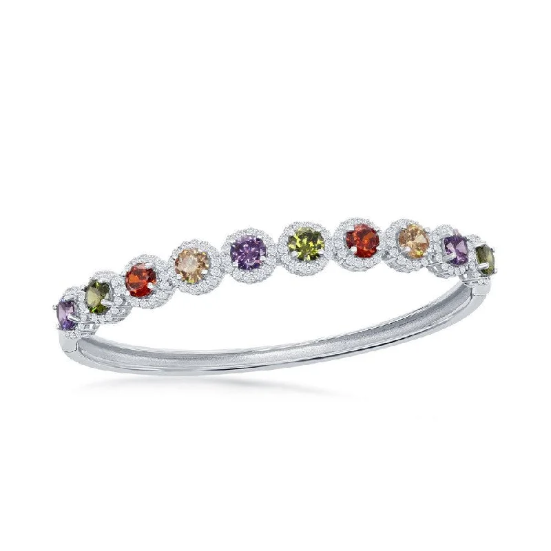 Necklaces and pendants with sun and moon motifs for a celestial-inspired design-Sterling Silver Halo Rainbow CZ with White CZ Border Bangle