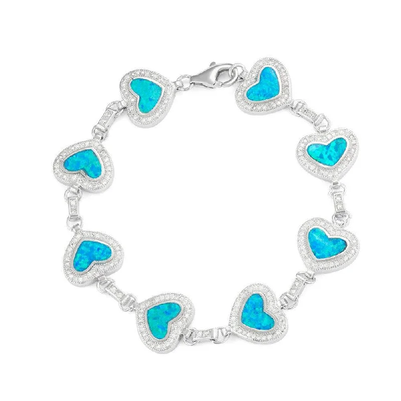 Necklaces and pendants with clear quartz for a pure and radiant look-Sterling Silver Heart Blue Opal with Micro Pave CZ Bracelet