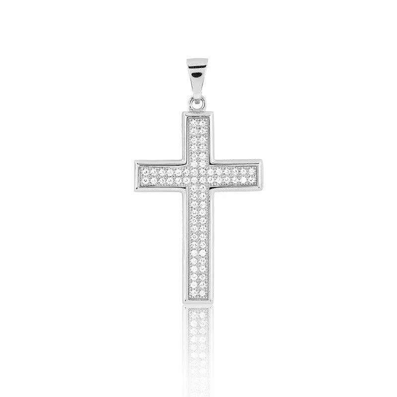 Beautiful necklaces and pendants with layered chains for a fashionable, chic look-Sterling Silver Micro Pave CZ Cross With  Border Pendant (68 stones)