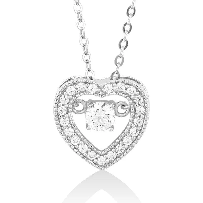 Elegant necklaces and pendants with infinity symbols for timeless designs-Sterling Silver Micro Pave with Center Dancing-Shimmering CZ Heart Pendant With Chain