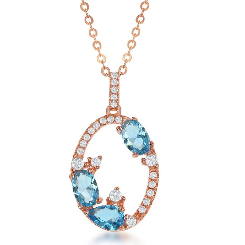 Necklaces and pendants with celestial starburst designs for a radiant look-Sterling Silver Open Oval with CZ Border with Blue CZs Pendant - Rose Gold Plated