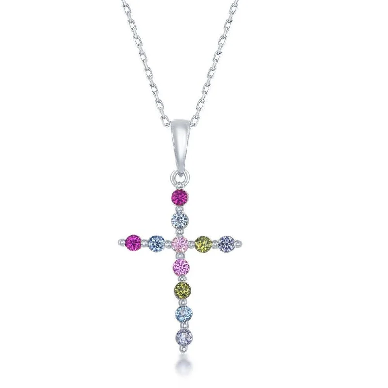 Beautiful necklaces and pendants with layered chains for a fashionable, chic look-Sterling Silver Rainbow CZ Cross Pendant