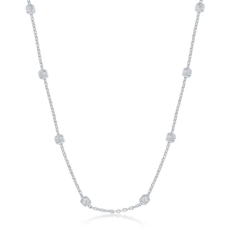 Unique necklaces and pendants with artistic shapes for a creative, one-of-a-kind design-Sterling Silver Rhodium Plated Grid Square Beaded Chain, 20"