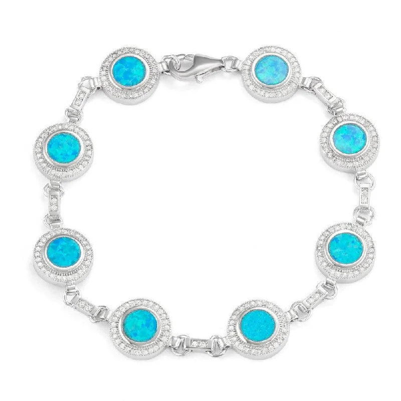 Unique necklaces and pendants with tree of life motifs for nature-inspired elegance-Sterling Silver Round Blue Opal with Micro Pave CZ Bracelet