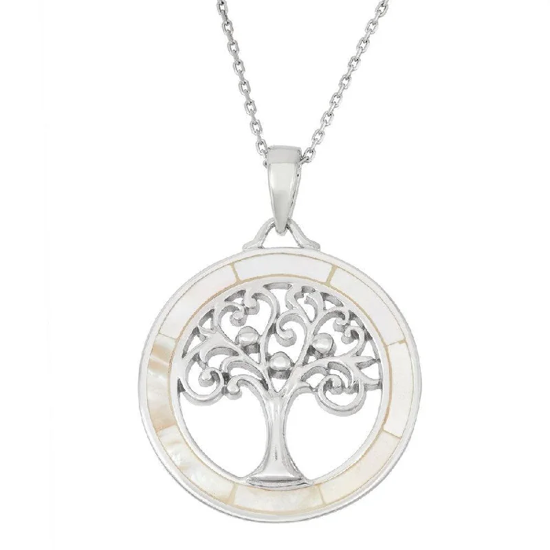 Best necklaces and pendants with heart-shaped designs for a romantic look-Sterling Silver Round White MOP with Center Tree of Life Pendant