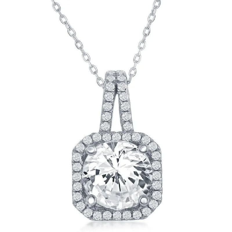 Best necklaces and pendants with personalized coordinates for a special keepsake-Sterling Silver Square with Large CZ Center & CZ Border Pendant