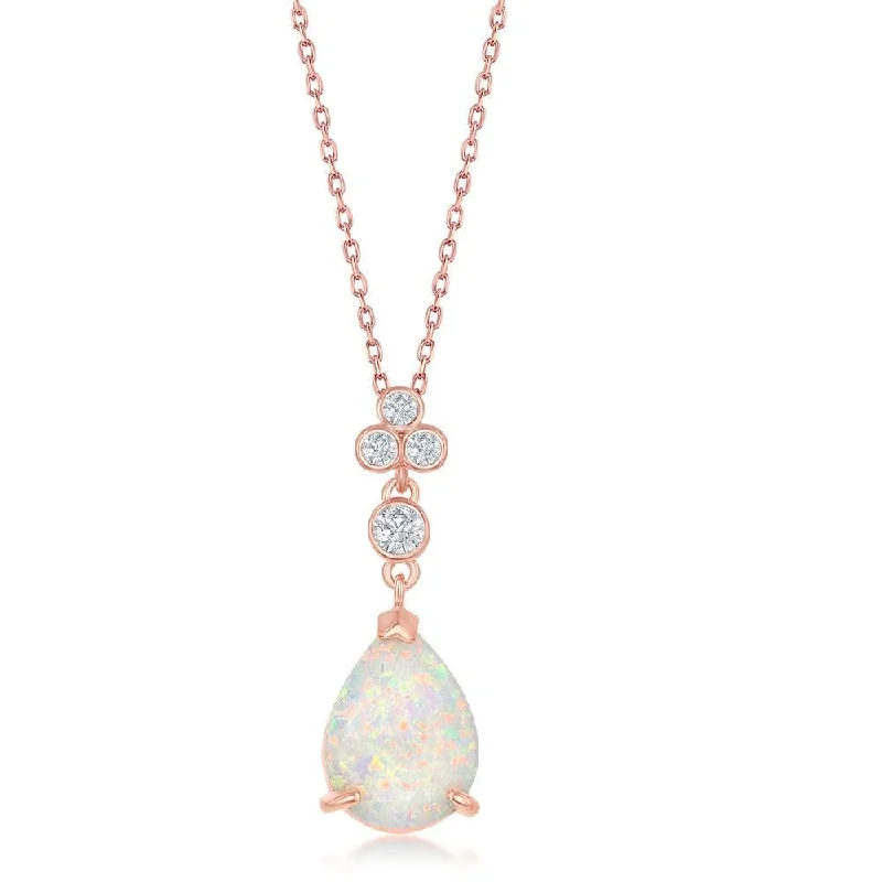 Elegant necklaces and pendants with onyx stones for a sleek, polished look-Sterling Silver Triple CZ Cluster Pear-Shaped White Inlay Opal Pendant - Rose Gold Plated