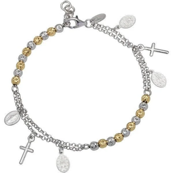 Best necklaces and pendants with infinity hearts for a romantic, eternal symbol-Sterling Silver Two Tone Beads with Cross and Medal Charm Bracelet