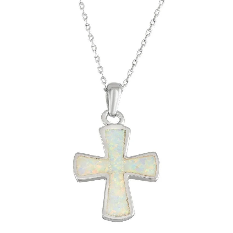 Beautiful necklaces and pendants with moon and star charms for a dreamy effect-Sterling Silver White Inlay Opal Rounded Cross Pendant