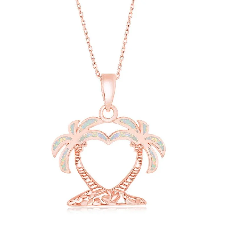 Unique necklaces and pendants with custom birthstone arrangements for personalization-Sterling Silver White Inlay Opal Two Palm Trees Pendant - Rose Gold Plated