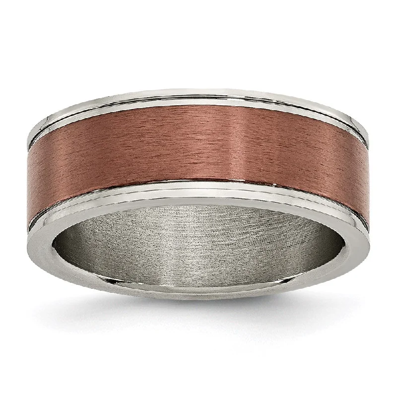 Necklaces and pendants with abstract shapes for a modern, creative appearance-Titanium Grooved Edge 8mm Brown IP-plated Brushed/Polished Band | TB314